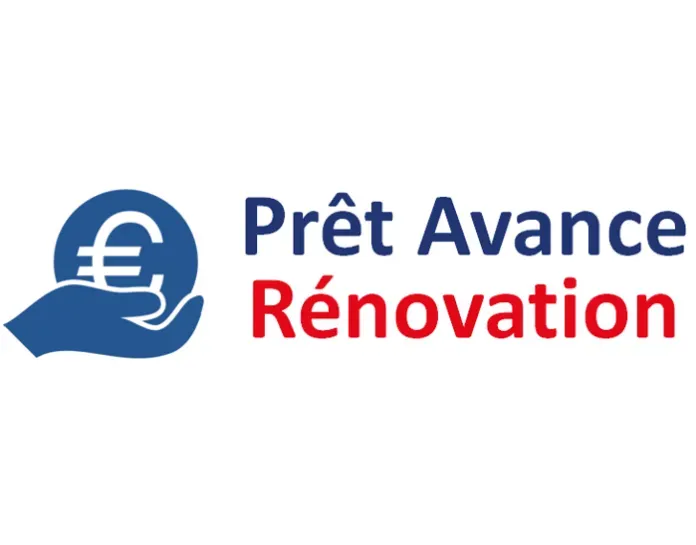 Un logo pour prêt avance rénovation avec une main tenant un signe euro.