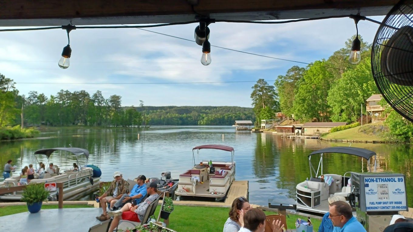 A group of people are sitting at a table in front of a lake with boats docked.