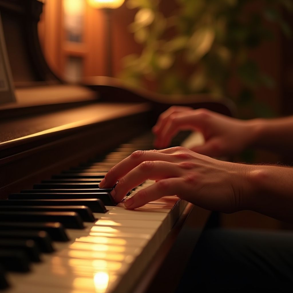 Hands playing a piano, illuminated, warm tones.
