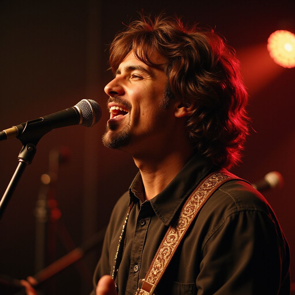 A singer with brown hair and a goatee performs on stage, lit by red lights.