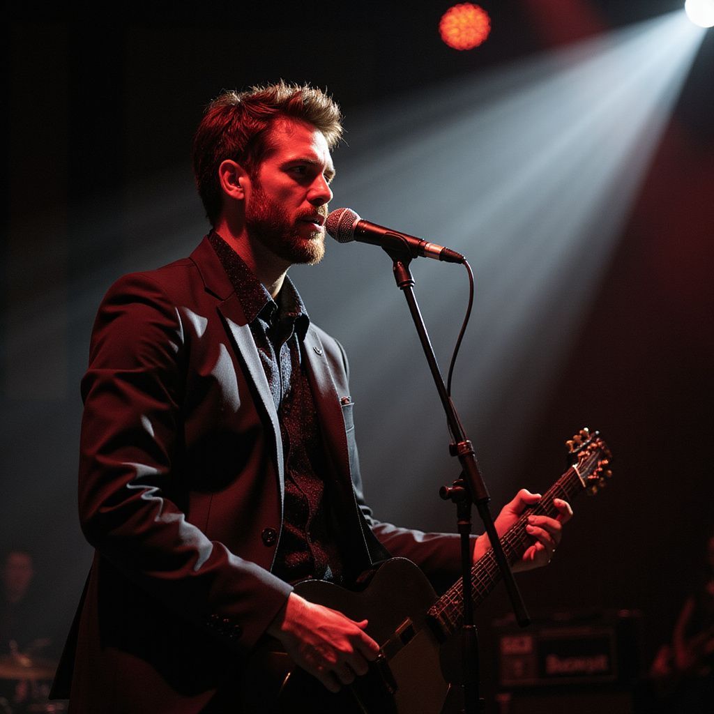 Man with a guitar sings into a microphone onstage under a spotlight.