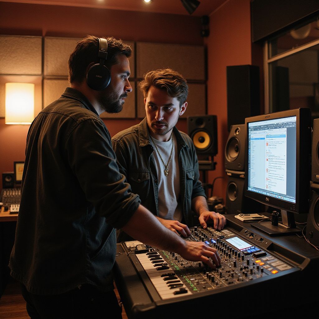 Two men in a recording studio, working at a soundboard, looking at a computer screen.