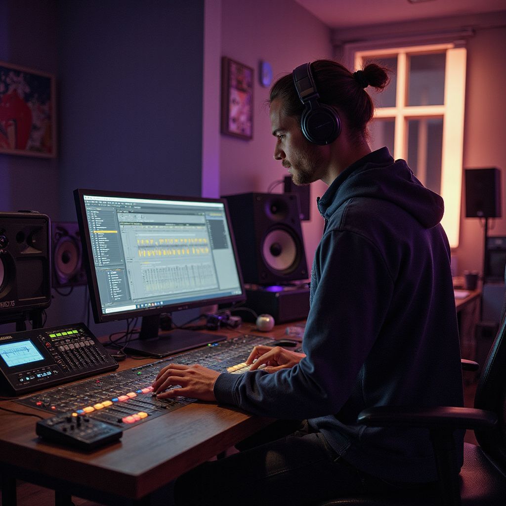 A man with headphones works on music production software at a desk in a home studio.