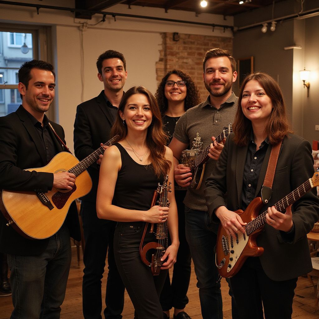 Six musicians smiling, two holding guitars, one with a hurdy-gurdy, in a wood-floored room.