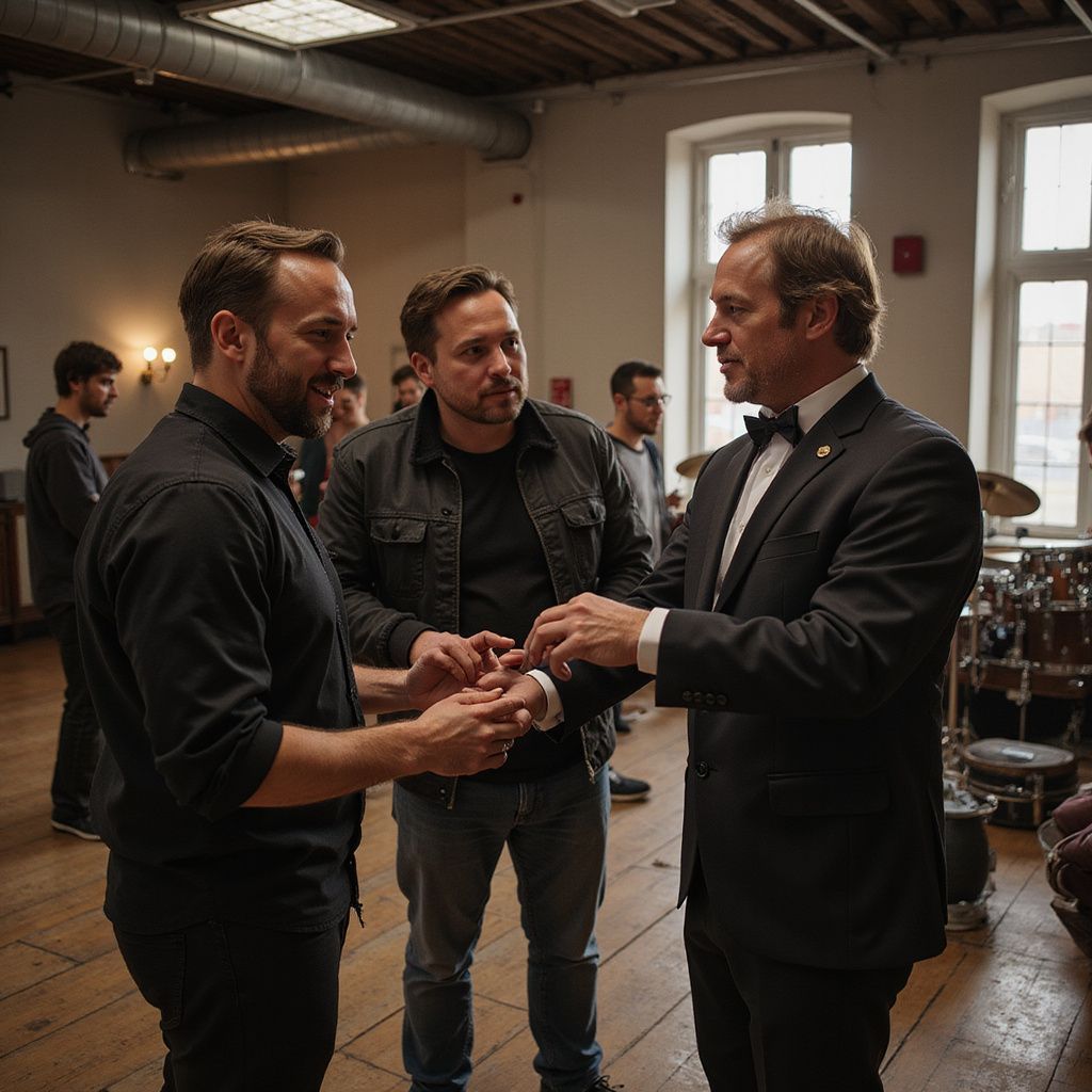 Three men in a room; one in a tuxedo is holding a ring, interacting with the other two. Others stand around.
