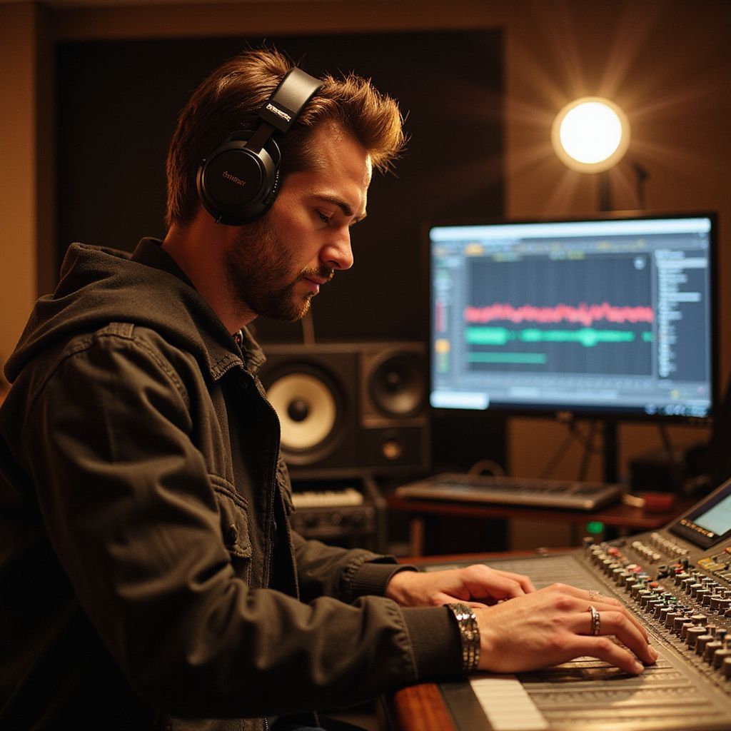 Man wearing headphones at a sound mixing board, looking at a monitor with audio waveforms in a recording studio.