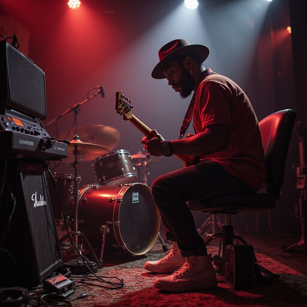 Guitarist in red shirt and hat performing on stage, surrounded by drums and amps.