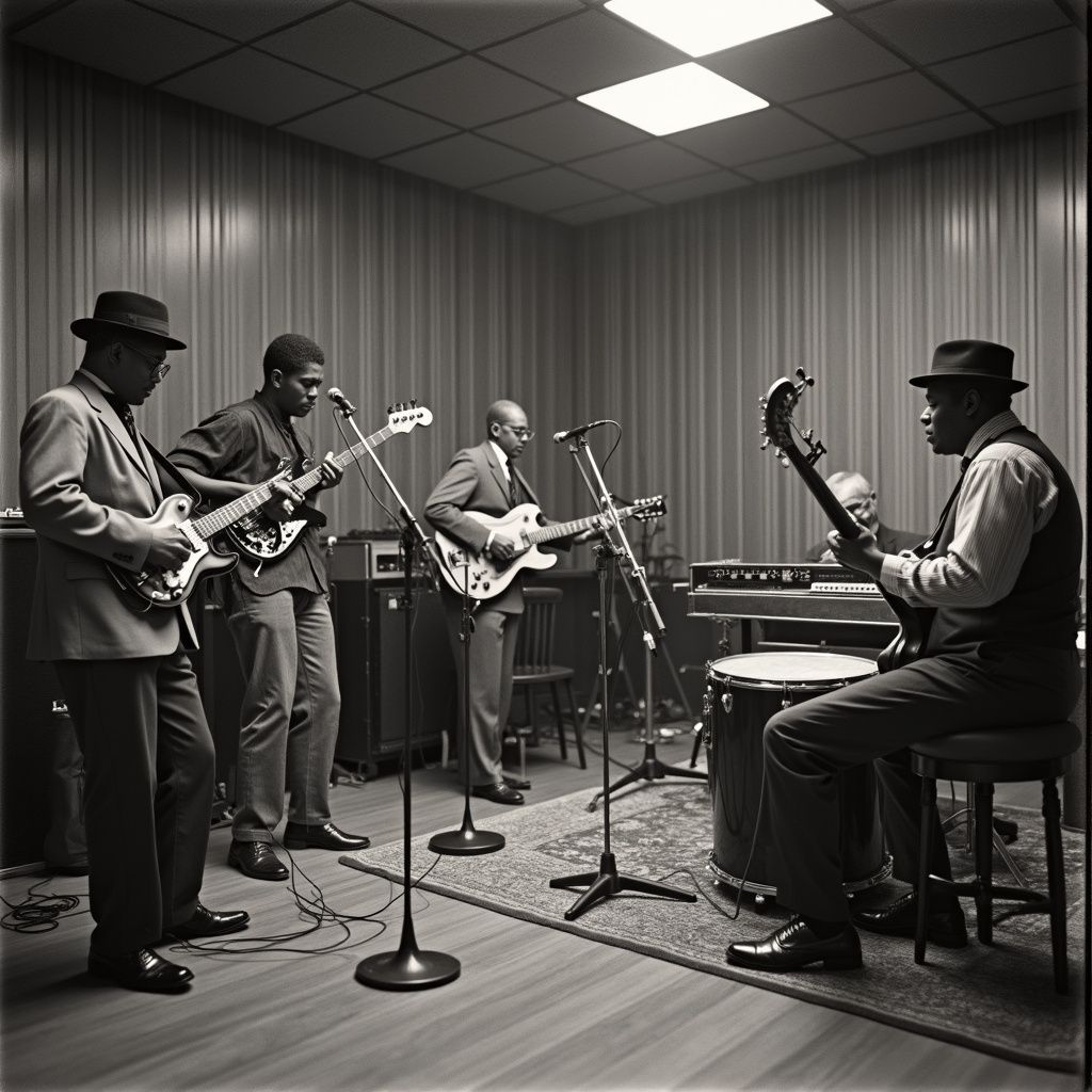 Five Black musicians in a recording studio, playing guitars, bass, and drums; black and white.