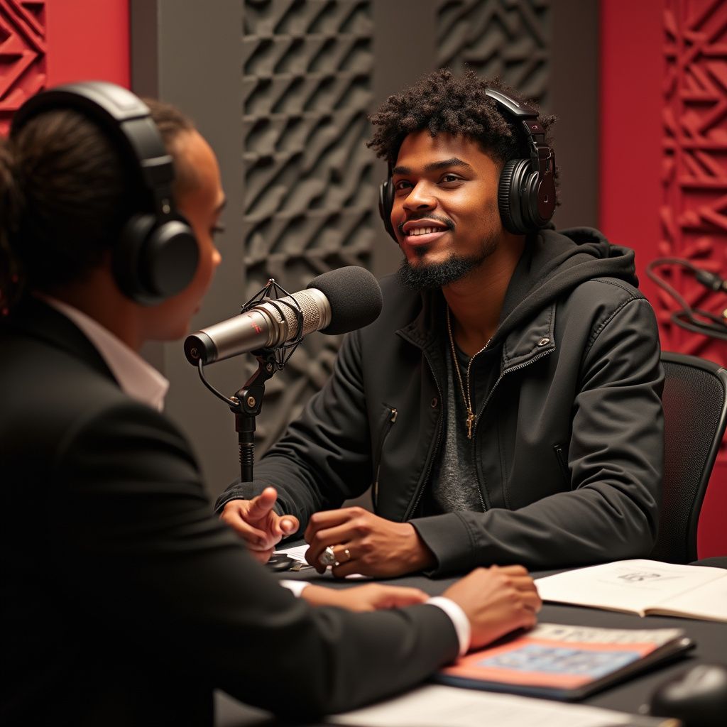 Two people in a recording studio, a man in a suit interviewing another wearing headphones and a jacket.
