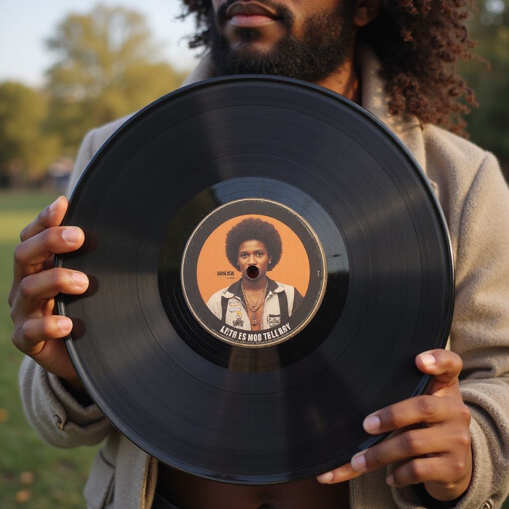 Man with curly hair holds a vinyl record, orange label with a portrait of the man, outdoors.