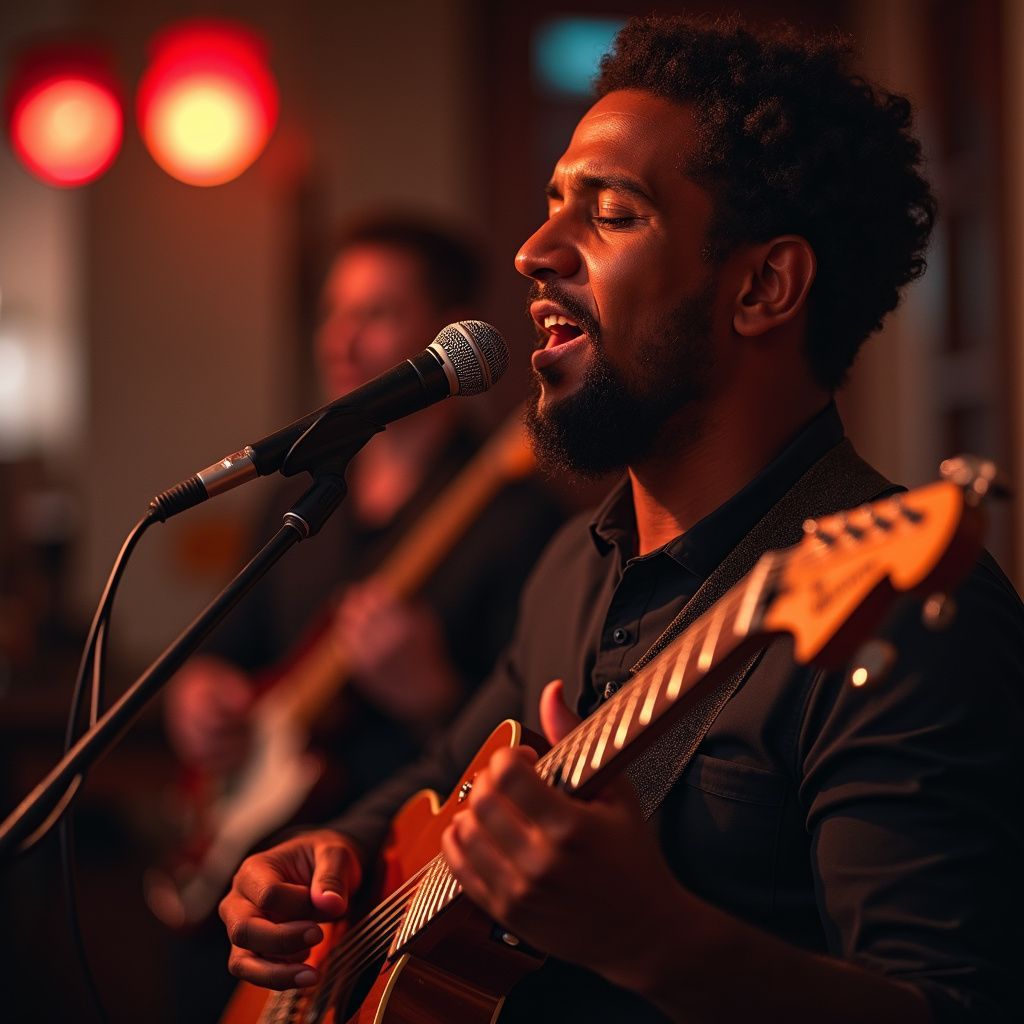 A musician singing and playing guitar on stage with another guitarist in the background.
