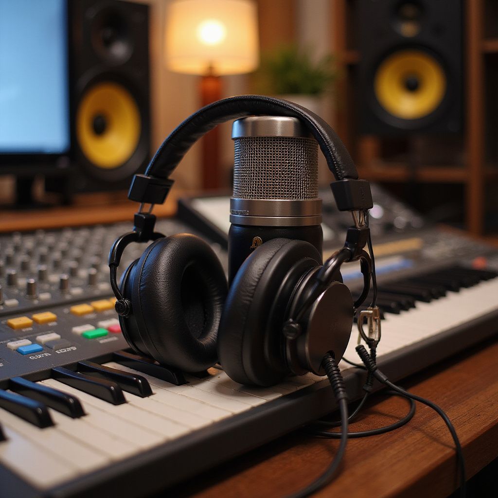 Headphones, microphone, and keyboard in a music studio.