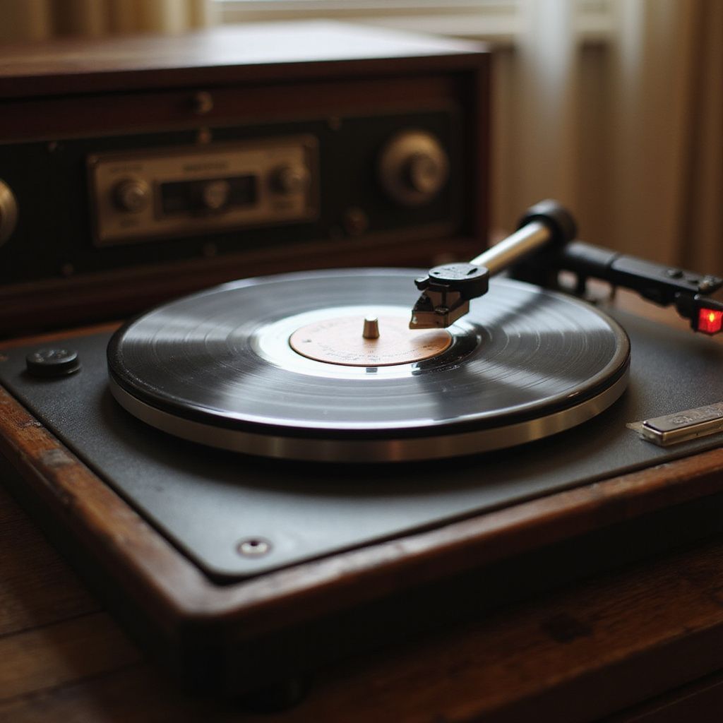 Vintage record player with a vinyl record playing.
