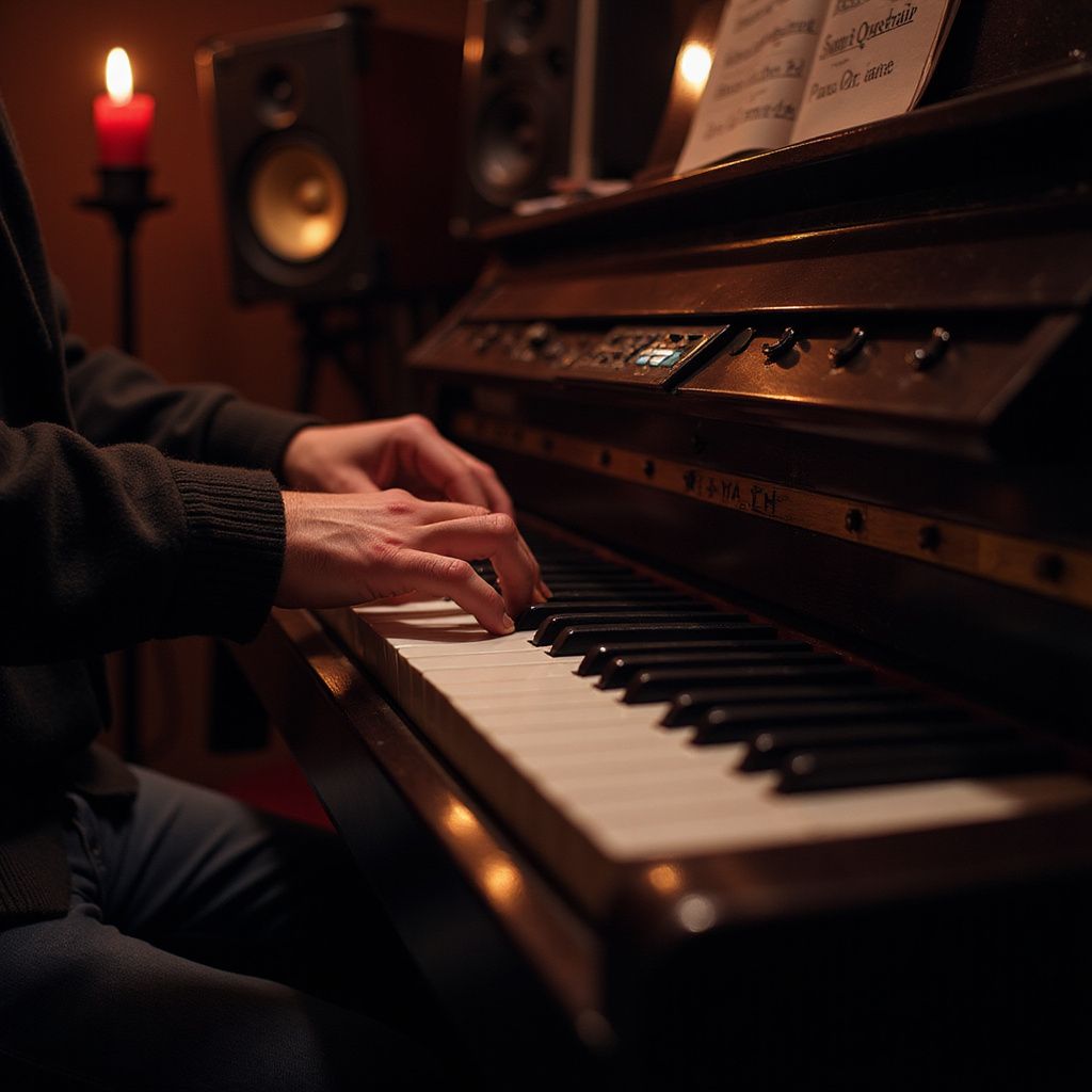 Person playing a piano in a dimly lit room, lit by candlelight.