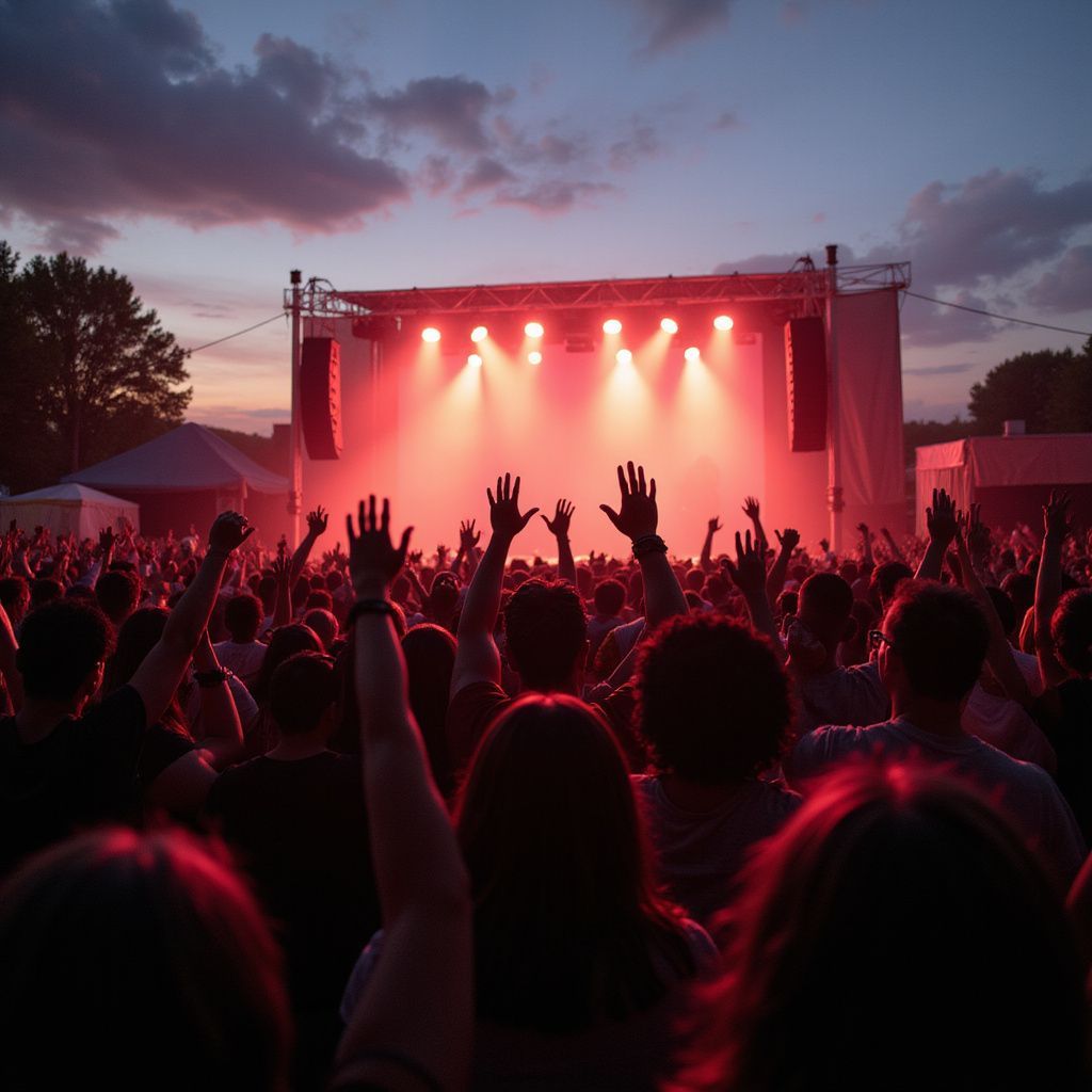 Concert crowd with raised arms facing lit stage under dusk sky.