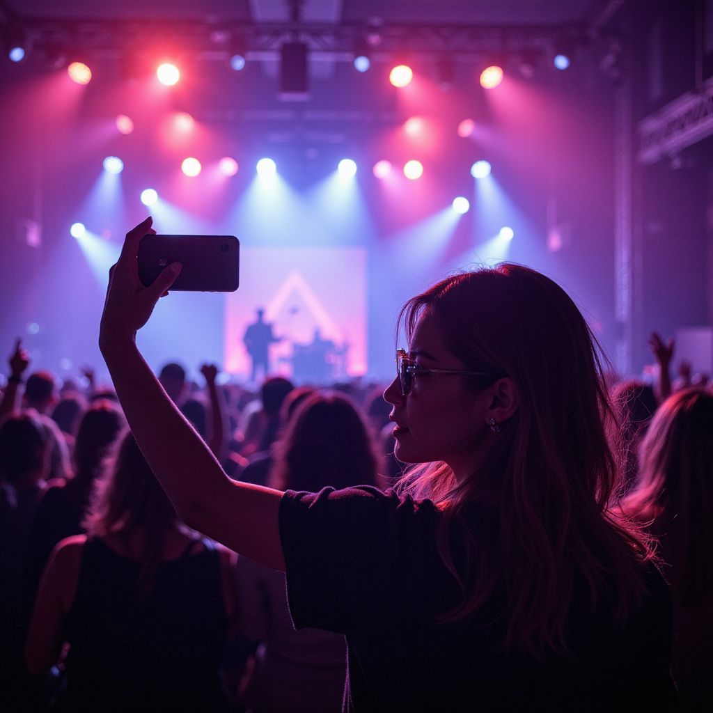 Person taking a selfie at a concert, stage lights in the background.