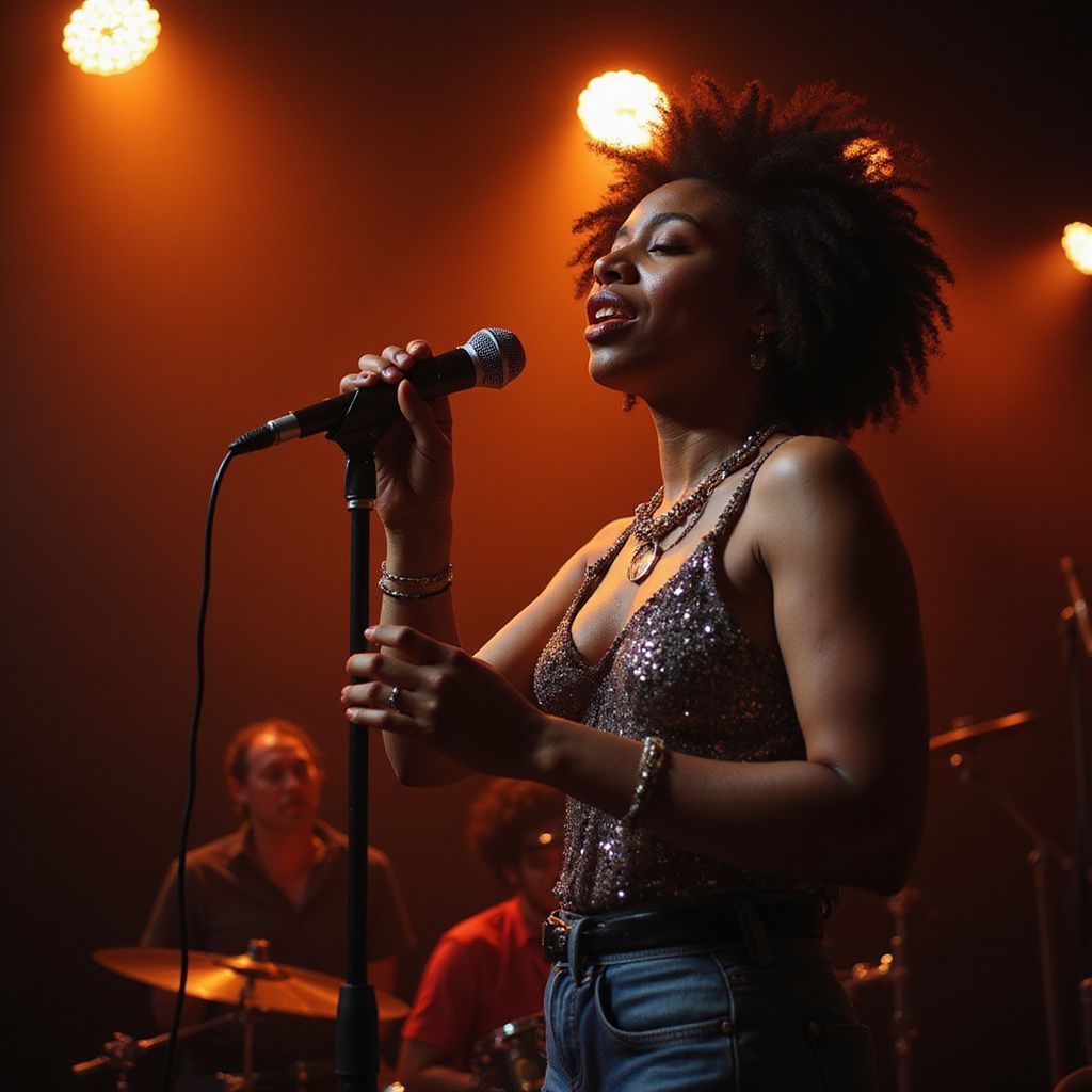 Singer with a microphone, performing on stage with band, under stage lights.