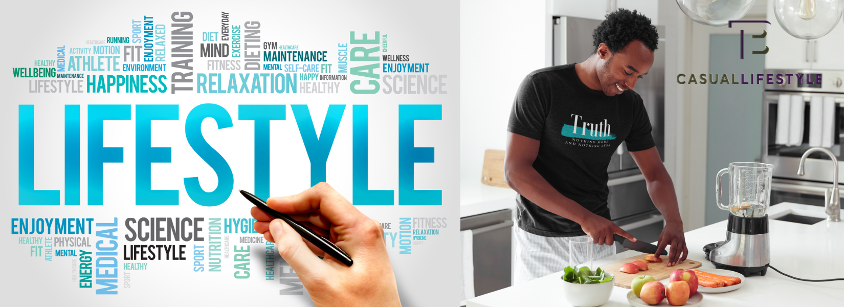 Man slicing food in a kitchen, next to the word