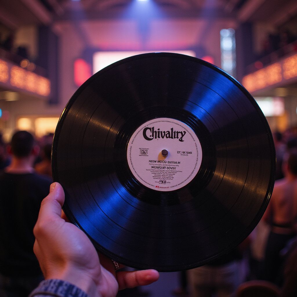 Hand holding a vinyl record in a crowd at a venue with blue and red lighting.