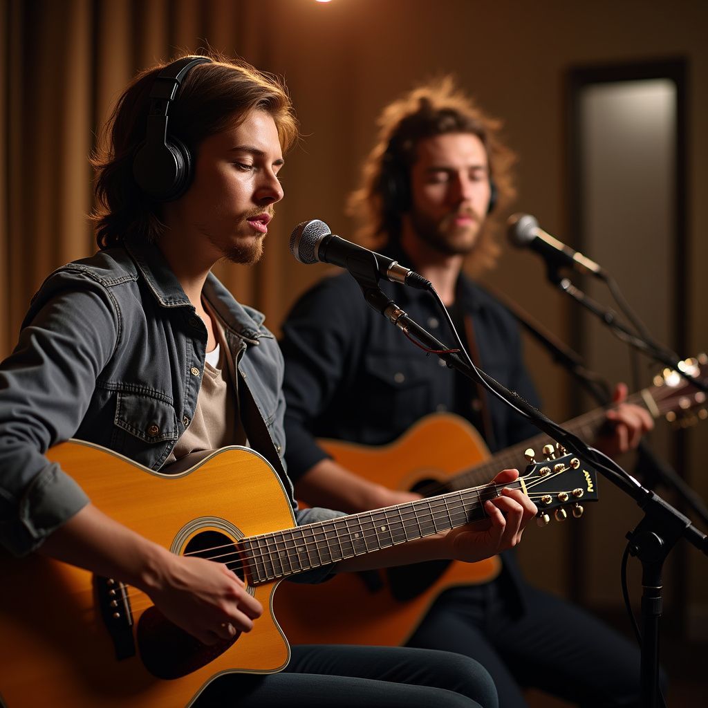 Two musicians playing acoustic guitars and singing into microphones.