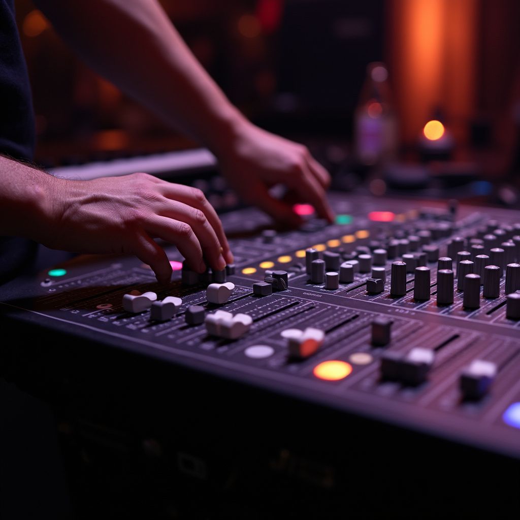 Person's hands adjusting knobs on a sound mixing console in a dimly lit studio.