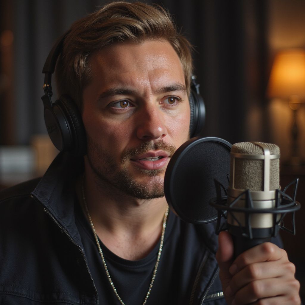 Man with headphones speaking into a microphone, indoors, possibly recording.