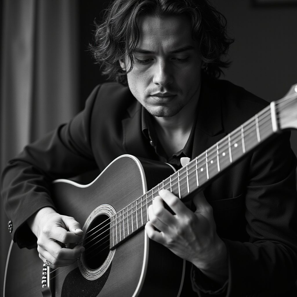 Man playing an acoustic guitar in a dark room, focused expression, black and white.