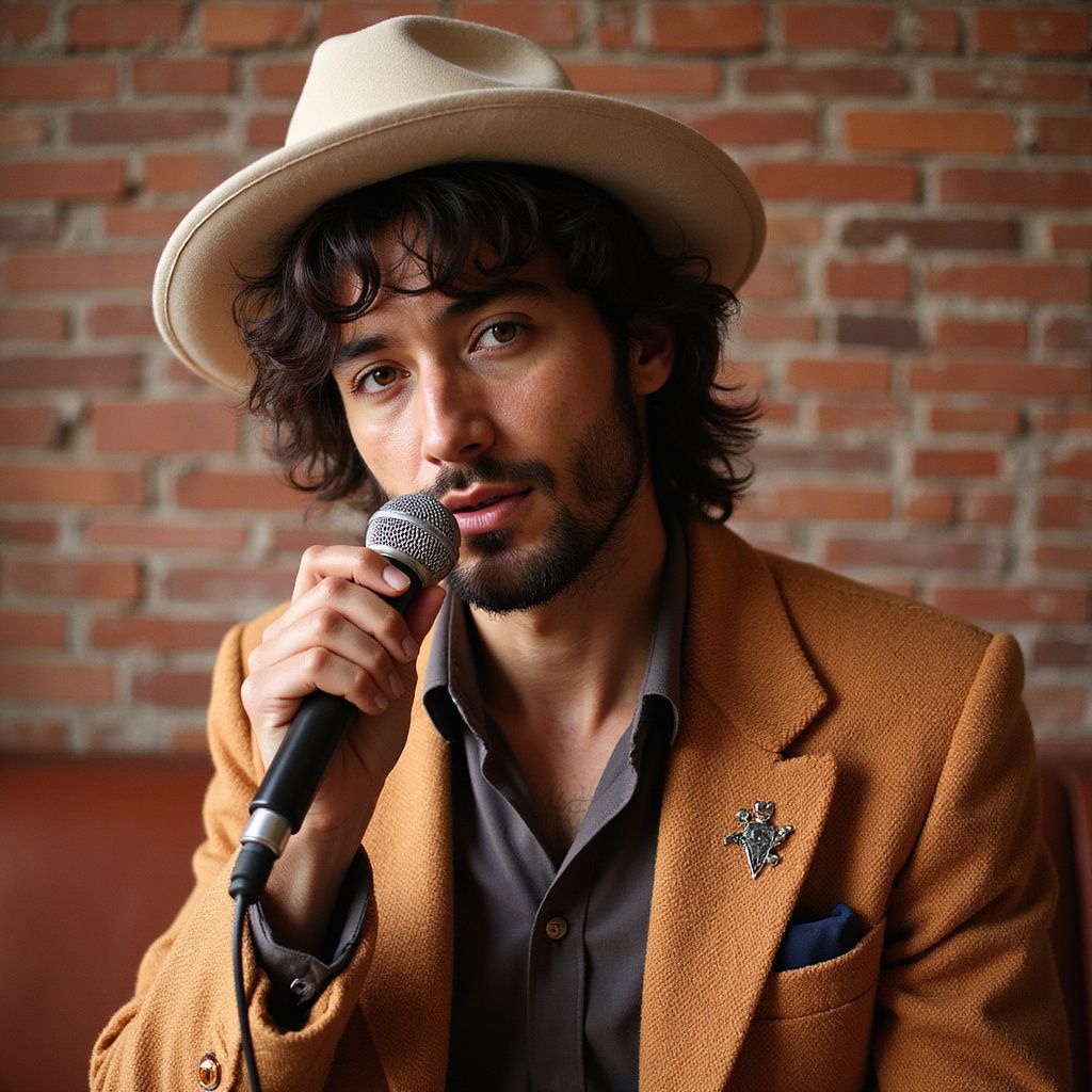 Man with hat and blazer, singing into a microphone, brick wall background.