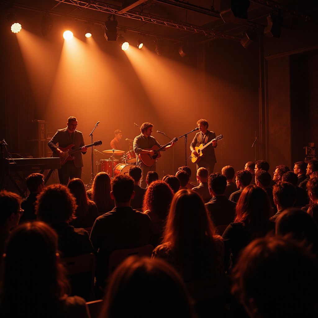 Band performing on stage under orange spotlights; crowd watches.