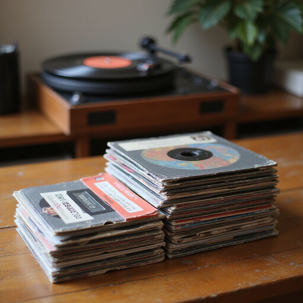 Stacks of vinyl records on a wooden table, a record player and plant in the background.