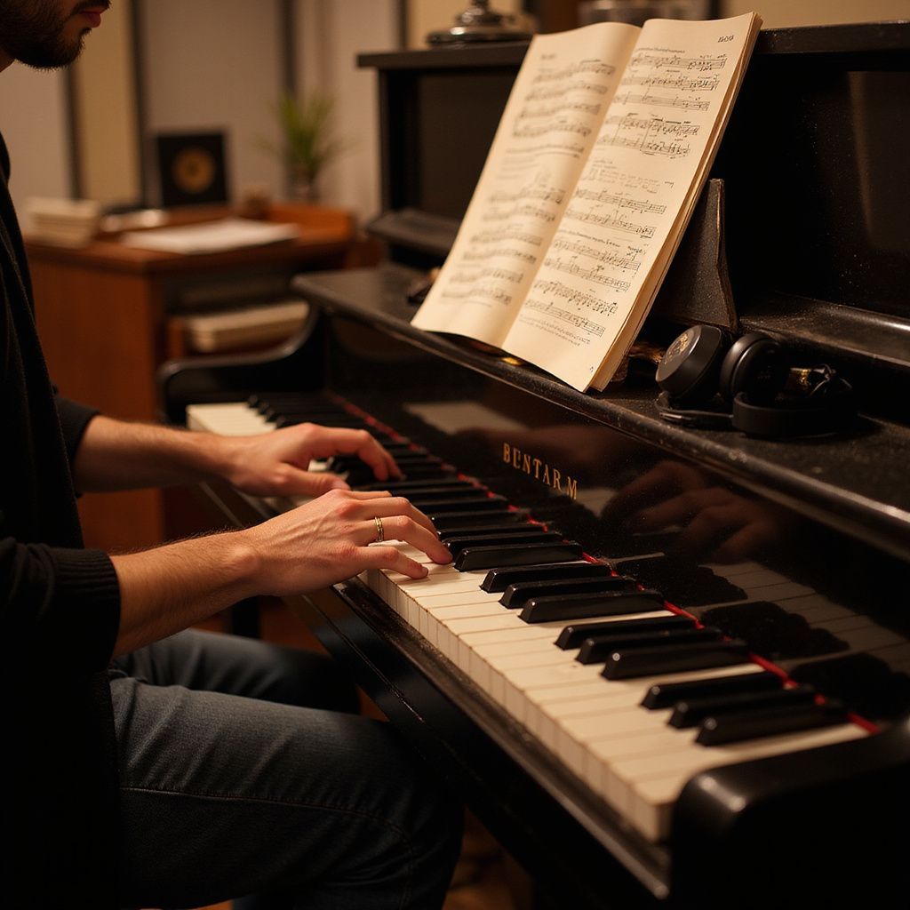 Person playing piano, hands on keys, sheet music on stand.
