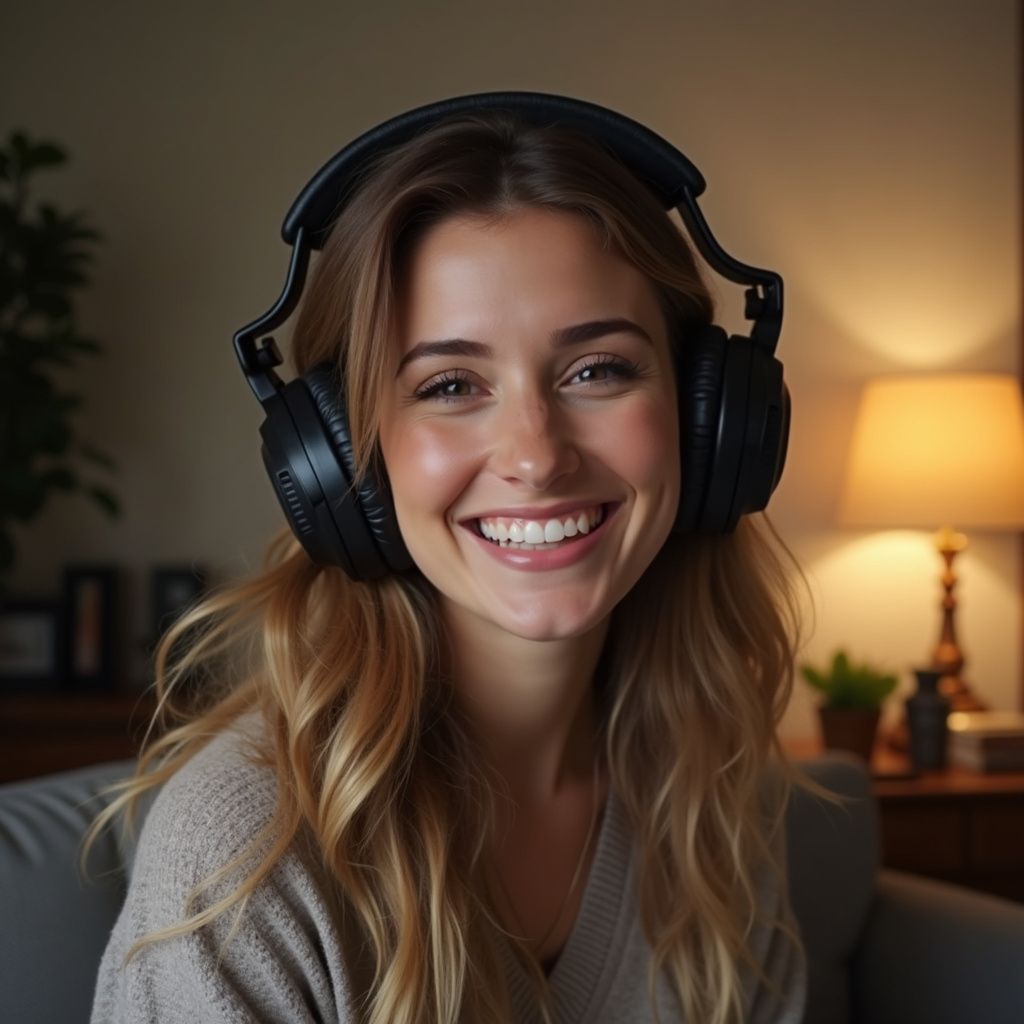 Woman with headphones smiles at the camera; seated indoors, warm light.