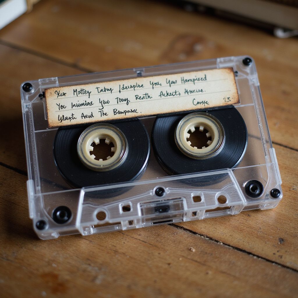 Clear cassette tape with handwritten label on wooden surface.