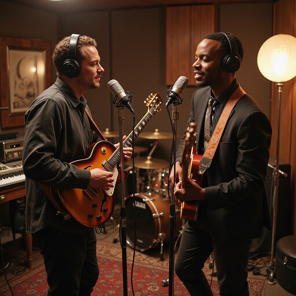 Two men in a recording studio playing guitars and singing into microphones.
