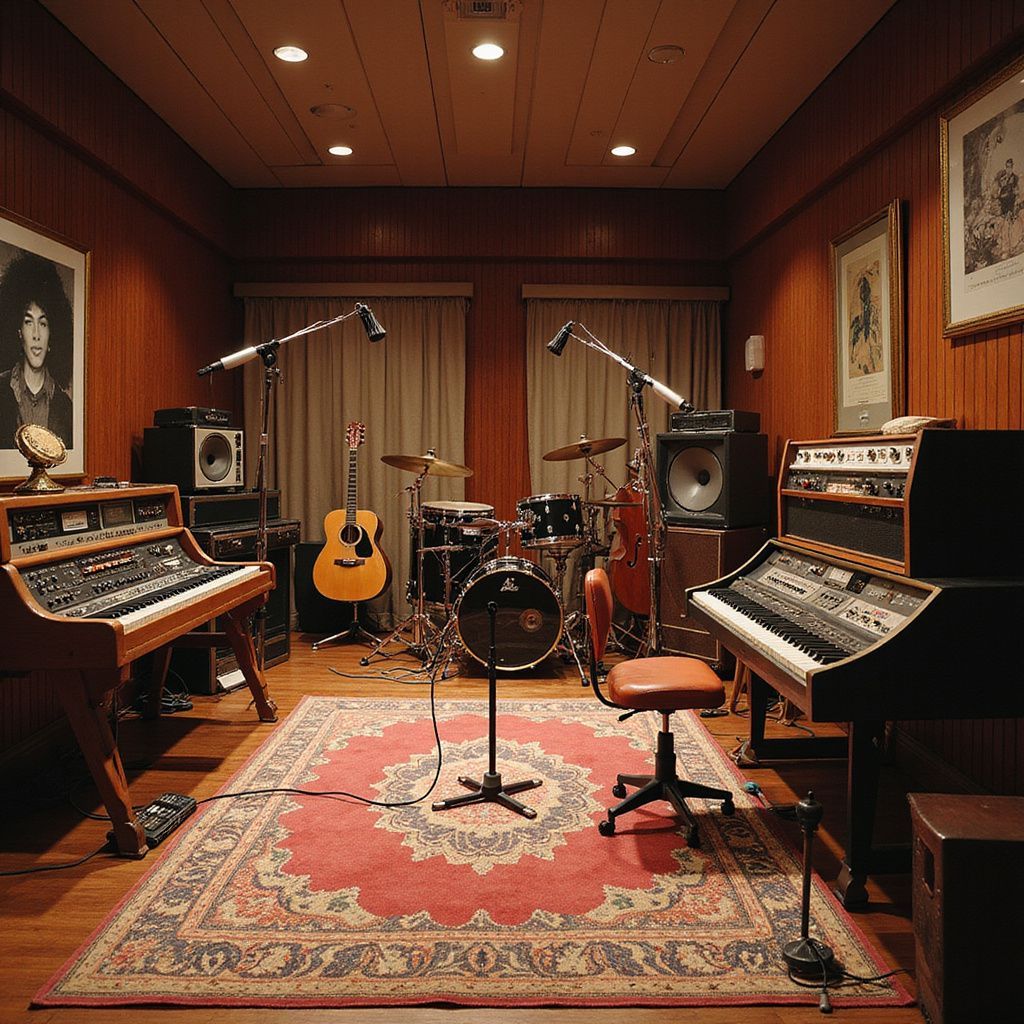 Music studio with drums, guitars, keyboards, and microphones on a patterned rug.