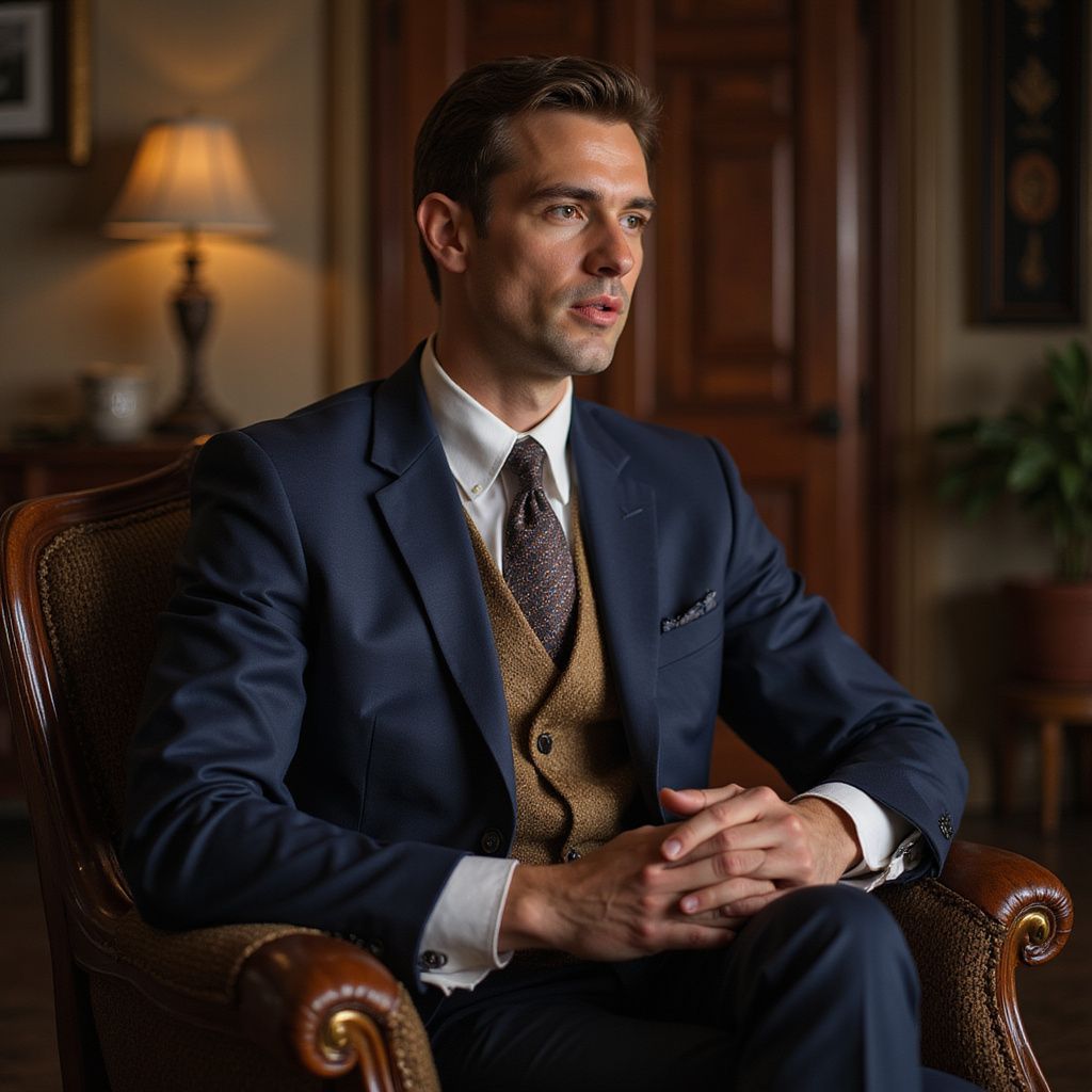 Man in a blue suit and brown vest sitting in a chair, looking to the side in an office.