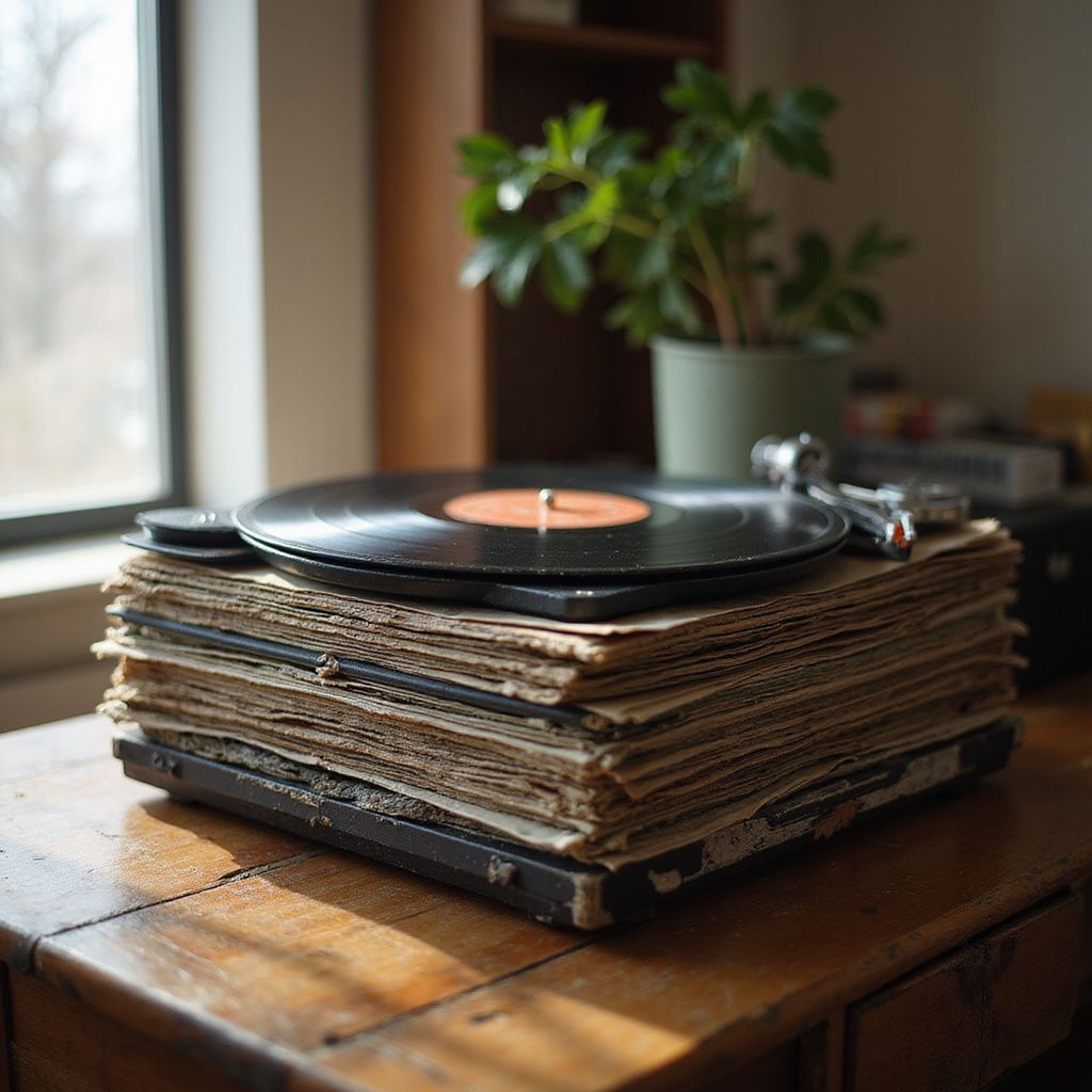Record player with a stack of old records on a wooden table next to a window and a potted plant.