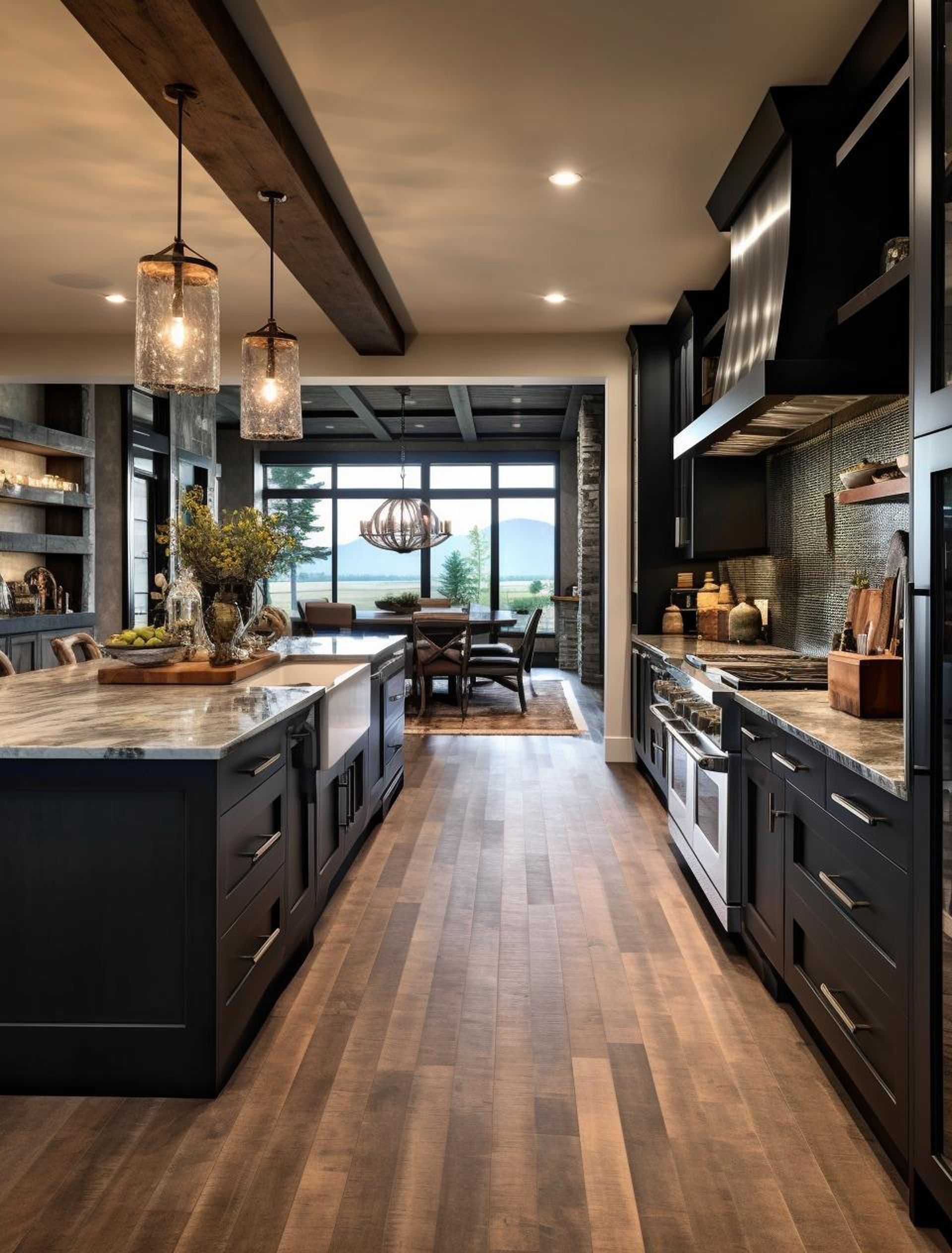 A modern black and white kitchen. A white countertop with unique black lights and dark grey cupboards.