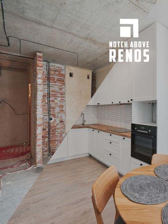 Before and after picture of a kitchen renovation. On the left there is exposed brick, wires, and cement floor. On the right there is a beautiful white kitchen with new cabinets, flooring, and appliances.