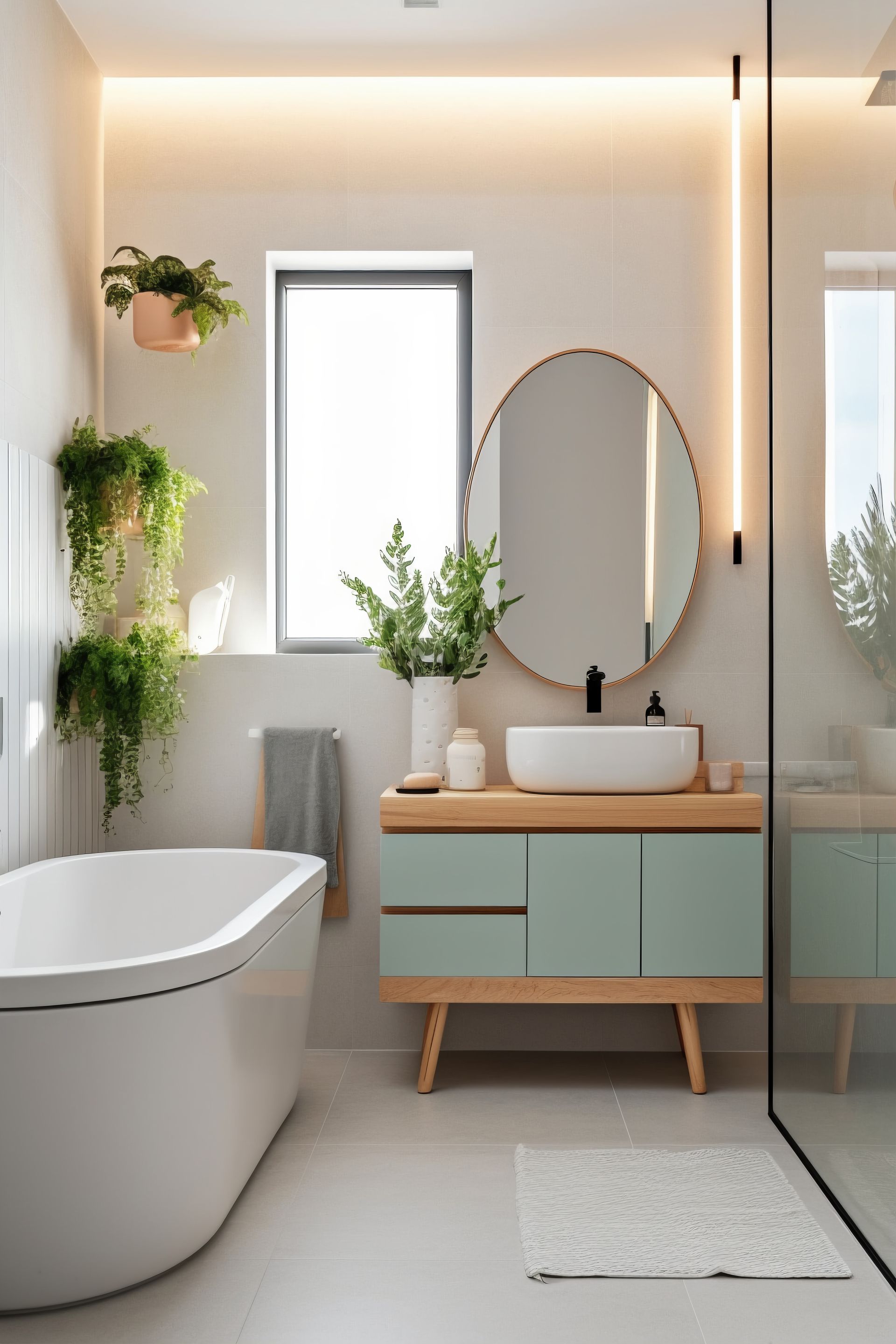 A modern bathroom with a black and white vanity & a new shower.
