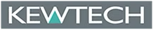 Logo for KEWTECH, white text on a grey rectangle, featuring a teal triangle within the 