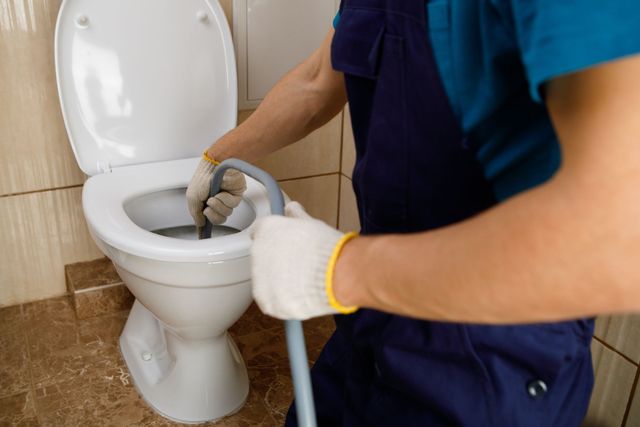Person wearing gloves using a plumbing snake to unclog a toilet.