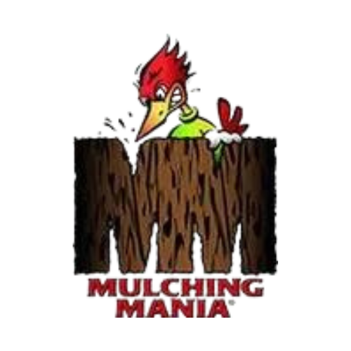 A logo for mulching mania with a woodpecker on it