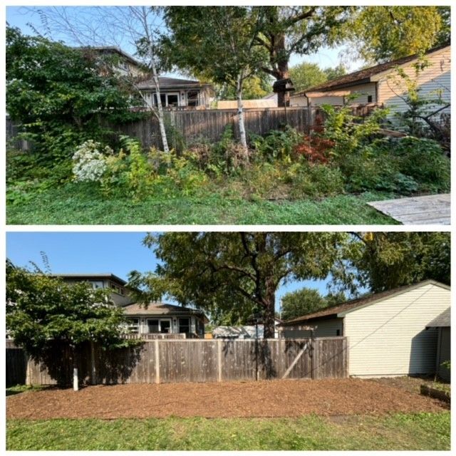 A before and after picture of a backyard.