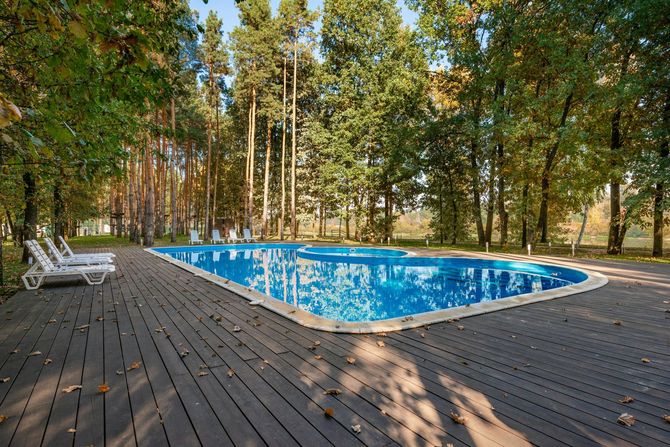A bright blue outdoor swimming pool surrounded by a wooden deck and dense, sunlit trees.