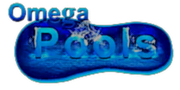 Omega Pools logo in blue text on a blue water-like background