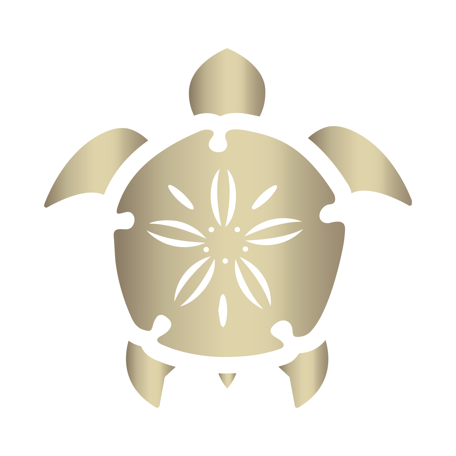 A gold sea turtle with a flower on its shell on a white background.