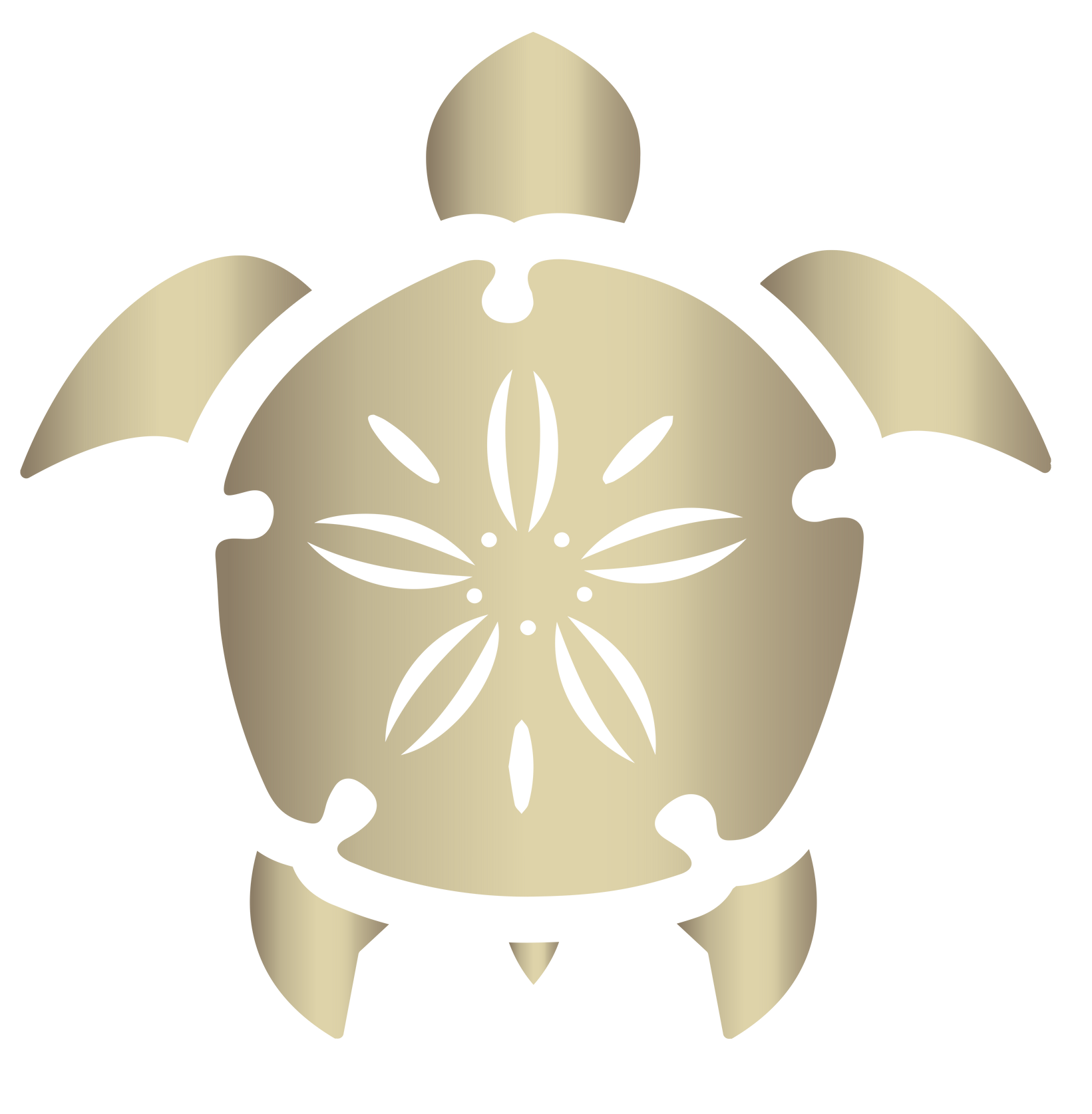 A gold sea turtle with a flower on its shell on a white background.