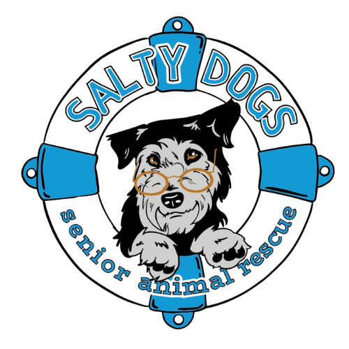 A logo for salty dogs senior animal rescue