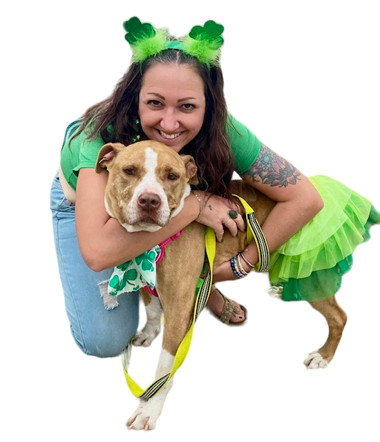 A woman is kneeling down holding a dog wearing a green outfit.